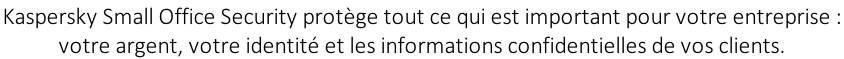 Kaspersky Small Office Security protège tout ce qui est important pour votre entreprise :  votre argent, votre identité et les informations confidentielles de vos clients.